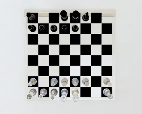 A black and white game board seen from above, pieces set at each end
