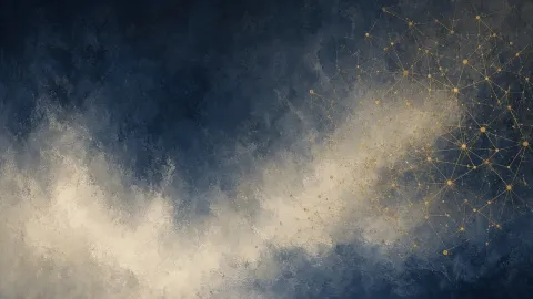 Painterly navy-to-cream field with a glowing gold geometric lattice of connected nodes concentrated on the right side
