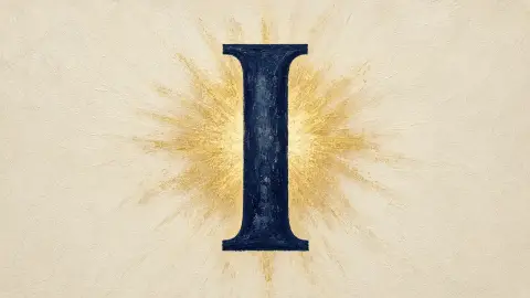 Dark blue serif letter I centered on a textured cream canvas, with a radiant golden starburst shining from behind the letter