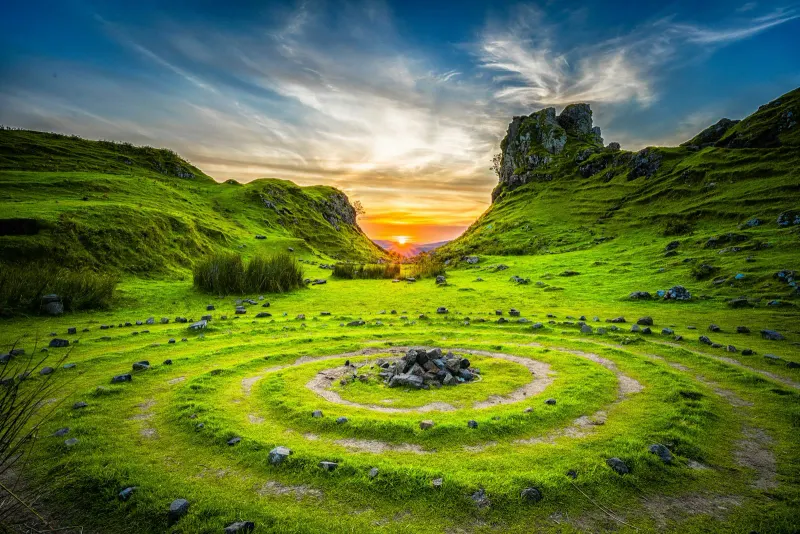 Soft mist over rolling green hills