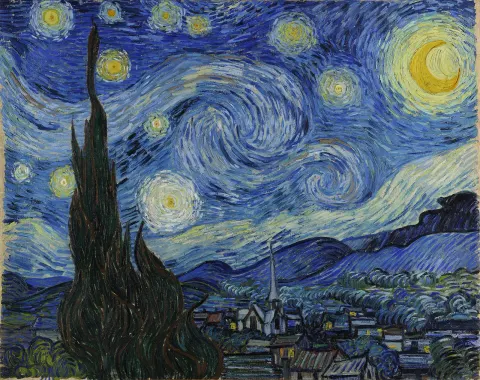 Swirling night sky over a quiet village with a cypress tree