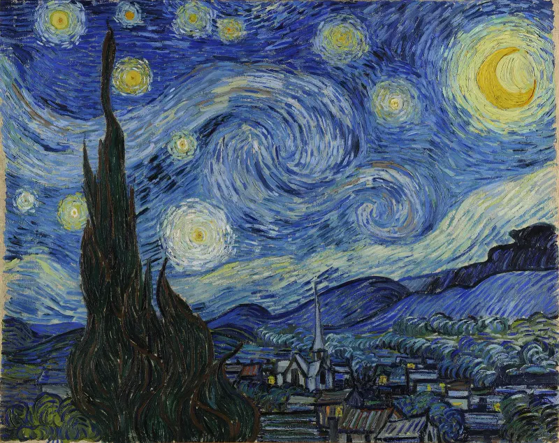 Swirling night sky over a quiet village with a cypress tree